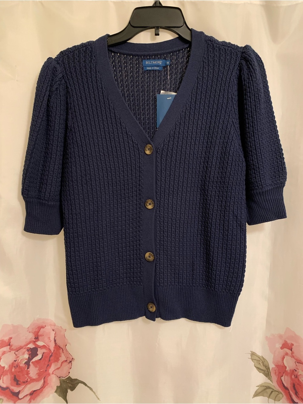 Navy Short-Sleeve Button-Front Knit Cardigan